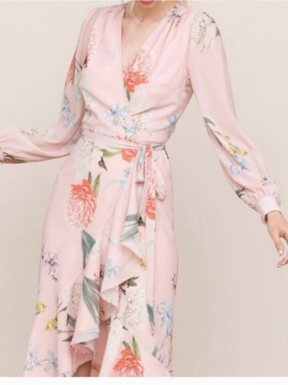 Yumi Kim  Anthropologie Pink Floral Wrap Midi Dress with Tie Waist